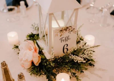 Table decor in event space at Oaks Manor