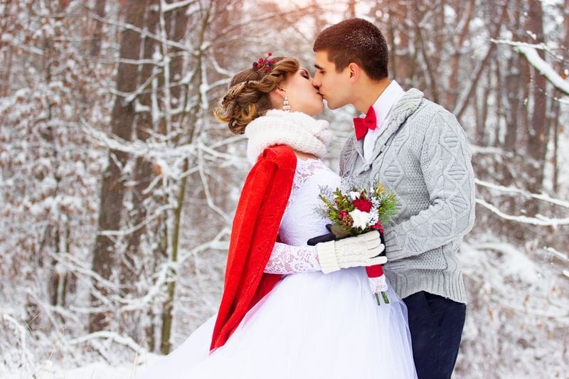 Bride and groom in winter wedding attire. They are kissing.