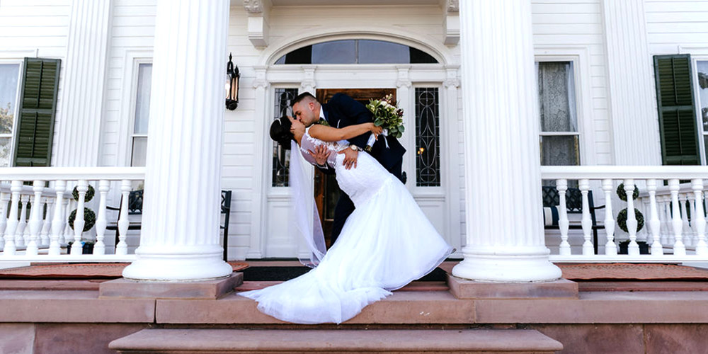 Newly married couple embracing