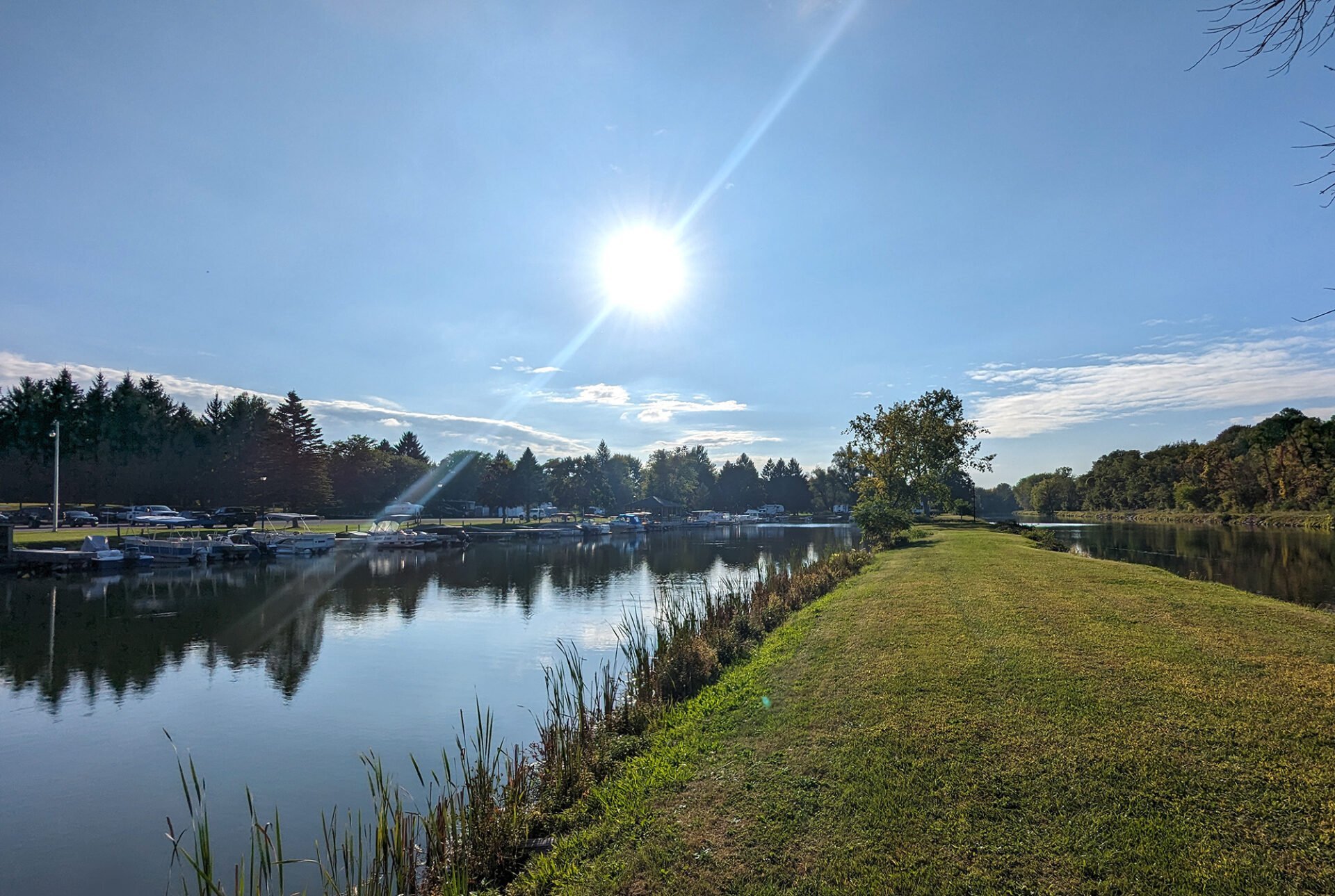 A peaceful lake with a grassy shore and trees in the background. The sun shines brightly in the sky.
