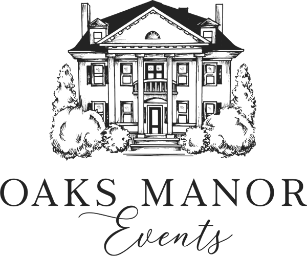 Oaks Manor Events logo, a gray building with trees.