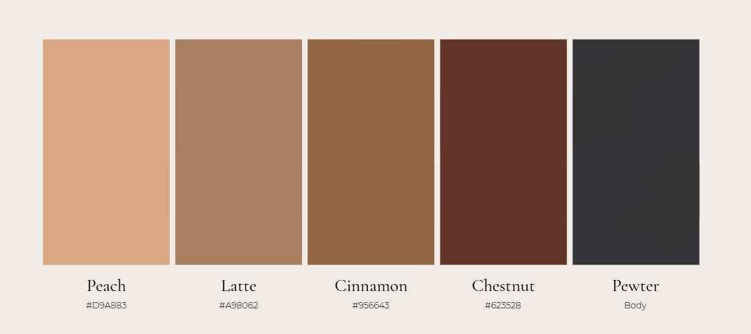 Brown color palette with names. This image shows a selection of brown shades.
