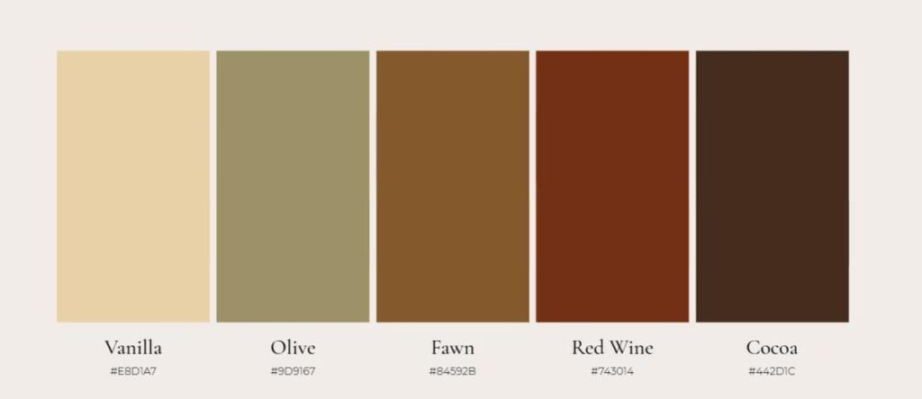 A row of five earth tone color swatches.