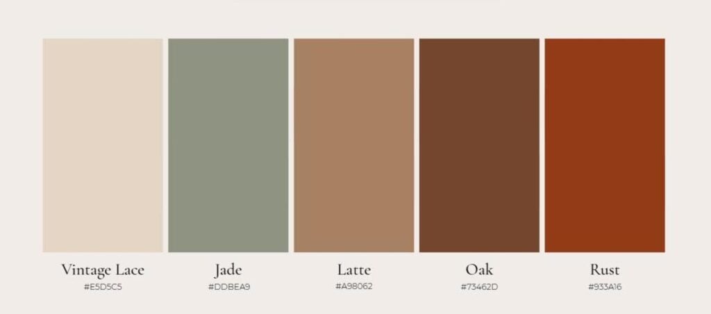 A selection of warm earthy colors. Shades of beige, green, brown, and red.