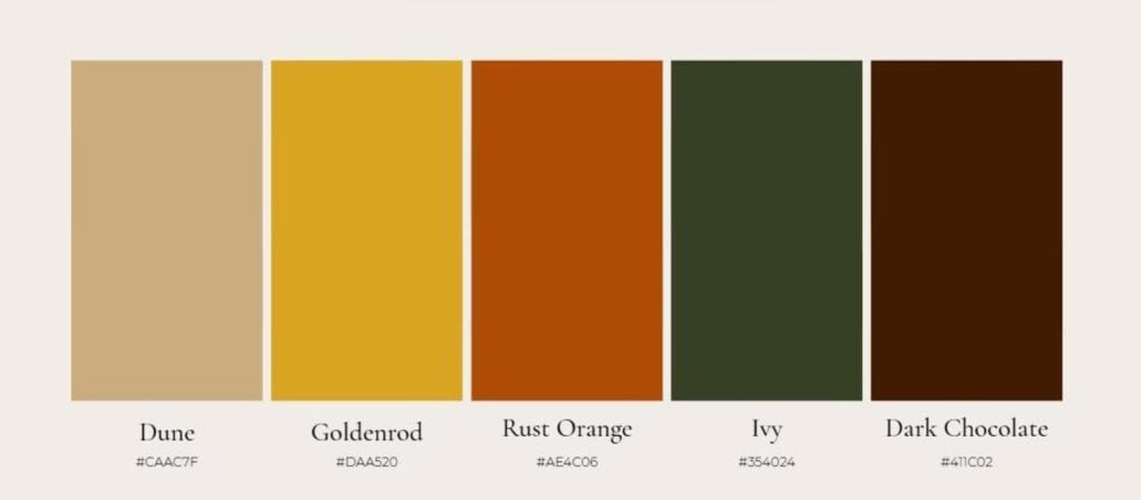 A selection of warm earthy colors including Dune, Goldfield, Burnt Orange, Ivy, and Dark Chocolate.