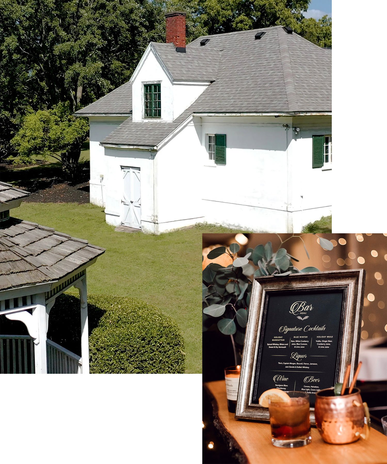 White House with Gray Roof and Cocktail Bar A white house with a gray roof and a cocktail bar